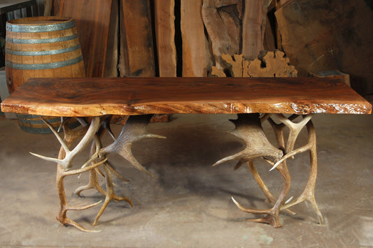 Live edge console with antler base